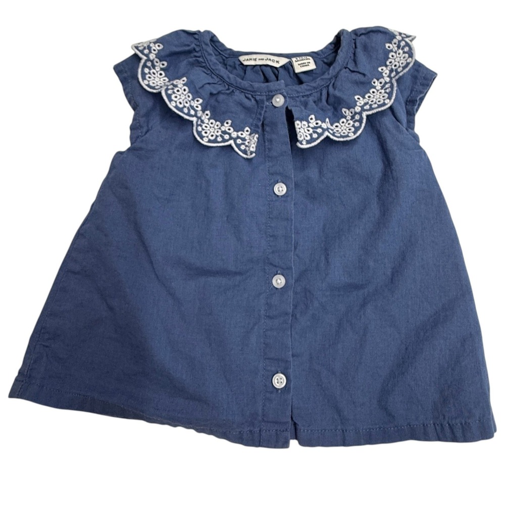 Janie and Jack Blouse Kids 6-12 Months Blue Excellent Embroidered Collar‎ Top